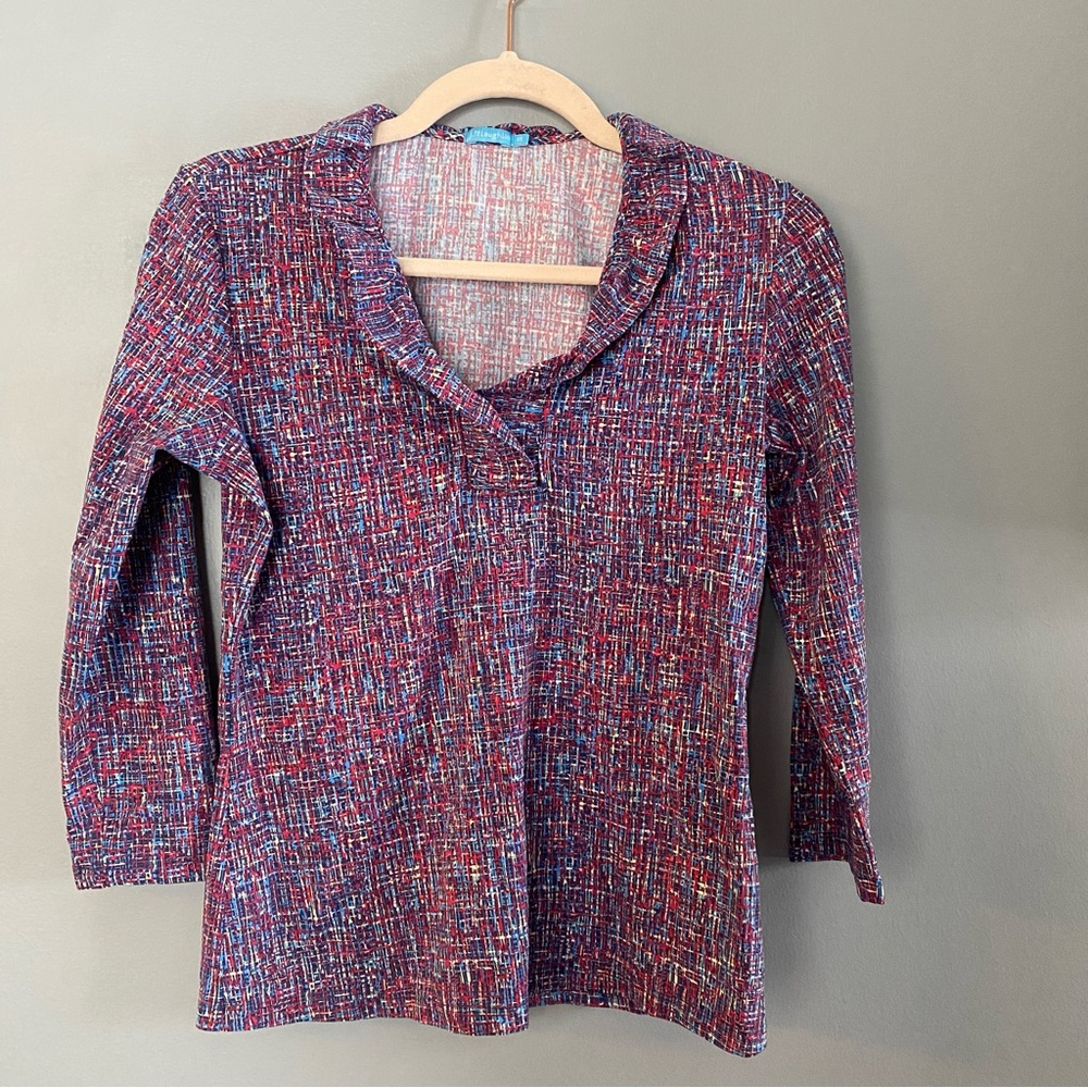 J. McLaughlin 3/4 sleeve ruffle V neck Top SZ XS Catalina cloth